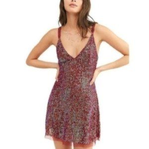 Free People Sequined Gold Rush Mini Dress in Wine Combo Size XS